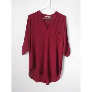 Rush Red Wine Blouse Pullover Tunic 3/4 Sleeves  Women size Small V-Neck Mock